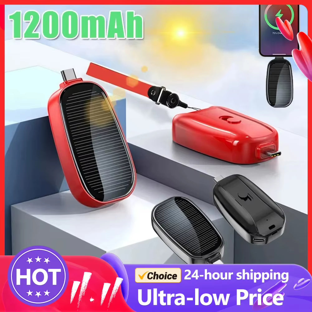 Solar Power Keychain Phone Charger 1200Mah Portable Type-C Wireless Power Bank for Iphone Samsung Huawei Emergency Battery Pack