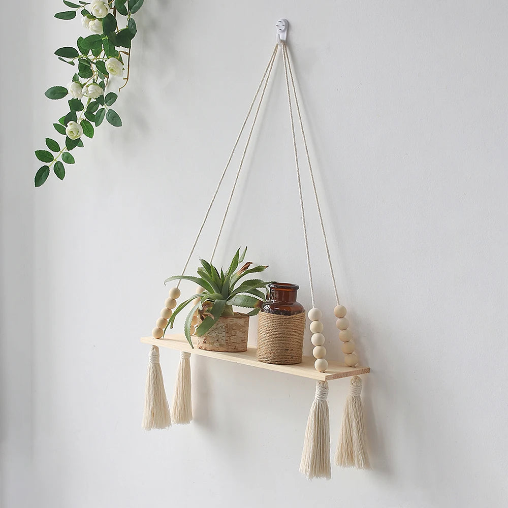 Macrame Wall Hanging Shelf Tassel Wood Decor Woven Wall Hanging Board Shelves for Home Decor Bedroom Living Room Cake Stand
