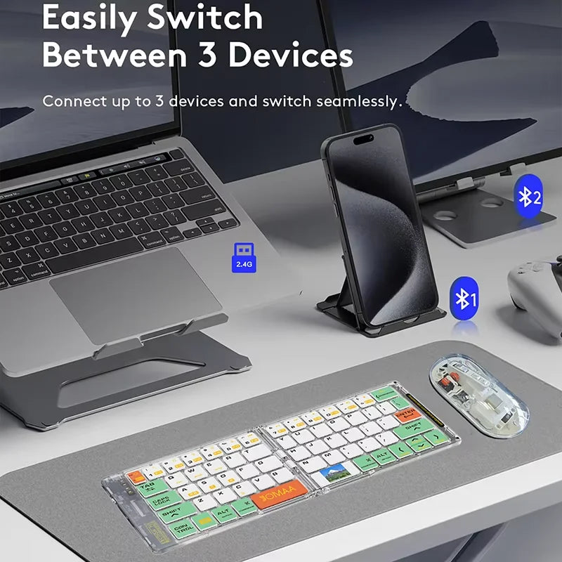 Foldable Keyboard and Mouse,Bluetooth5.1 Dual Modes Wirless Transparent Keyboard Rechargeable Full-Size Portable Travel Keyboard