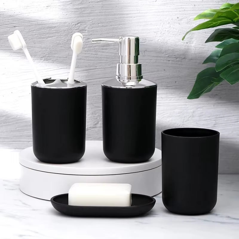 4 Black Bathroom Kit Lotion Bottles + Toothbrush Holder + Mouthwash Cup + Soap Dish