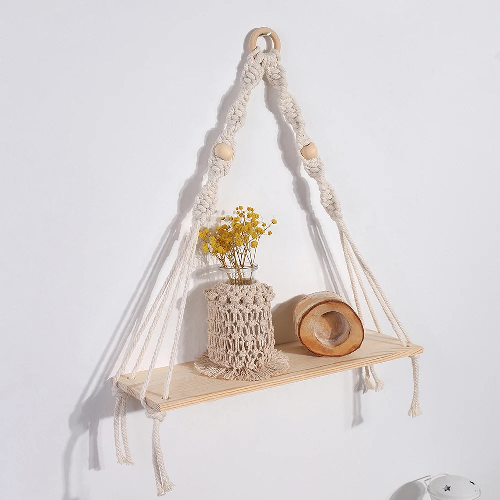Macrame Wall Hanging Shelf Tassel Wood Decor Woven Wall Hanging Board Shelves for Home Decor Bedroom Living Room Cake Stand