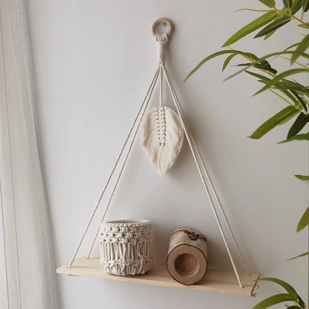 Macrame Wall Hanging Shelf Tassel Wood Decor Woven Wall Hanging Board Shelves for Home Decor Bedroom Living Room Cake Stand