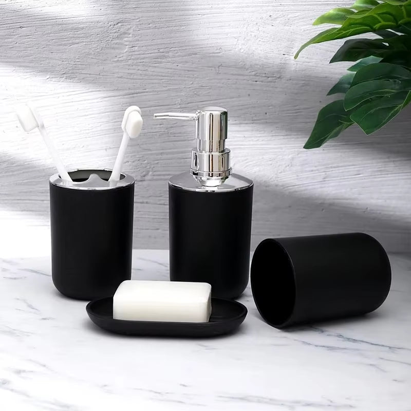 4 Black Bathroom Kit Lotion Bottles + Toothbrush Holder + Mouthwash Cup + Soap Dish