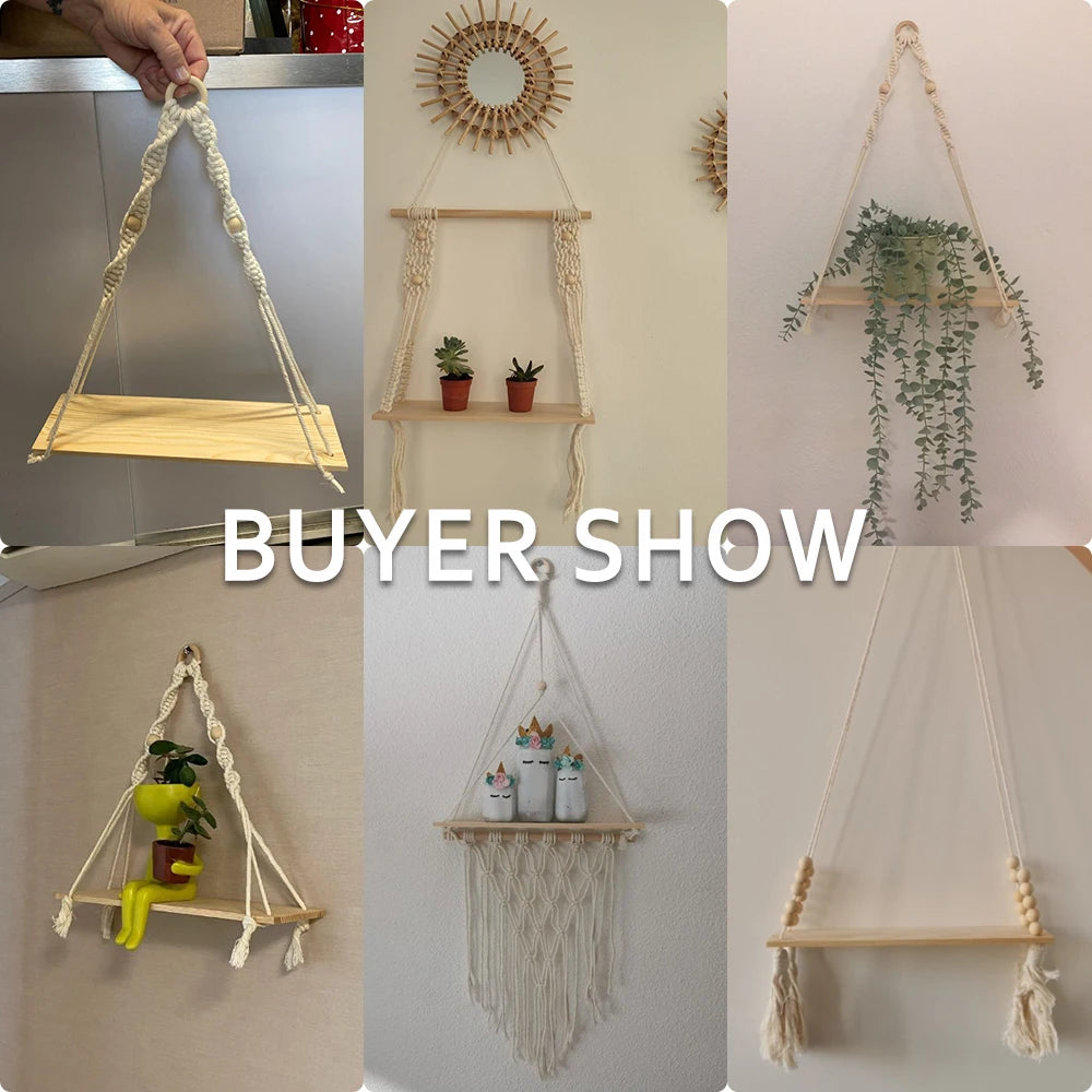 Macrame Wall Hanging Shelf Tassel Wood Decor Woven Wall Hanging Board Shelves for Home Decor Bedroom Living Room Cake Stand