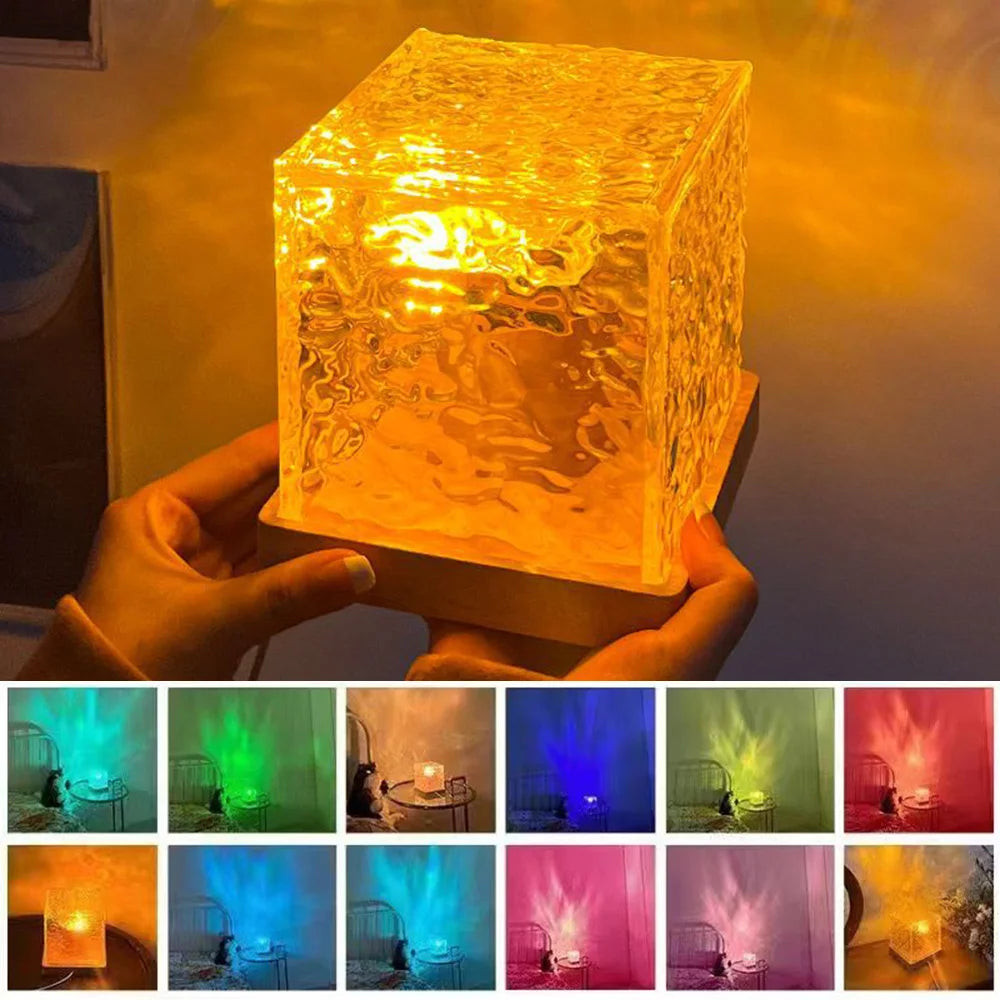 Crystal Lamp Dynamic Rotating Water Ripple Projector Night Light 16 Colors Crystal Lamp Atmosphere Holiday Gift Sunset Light
