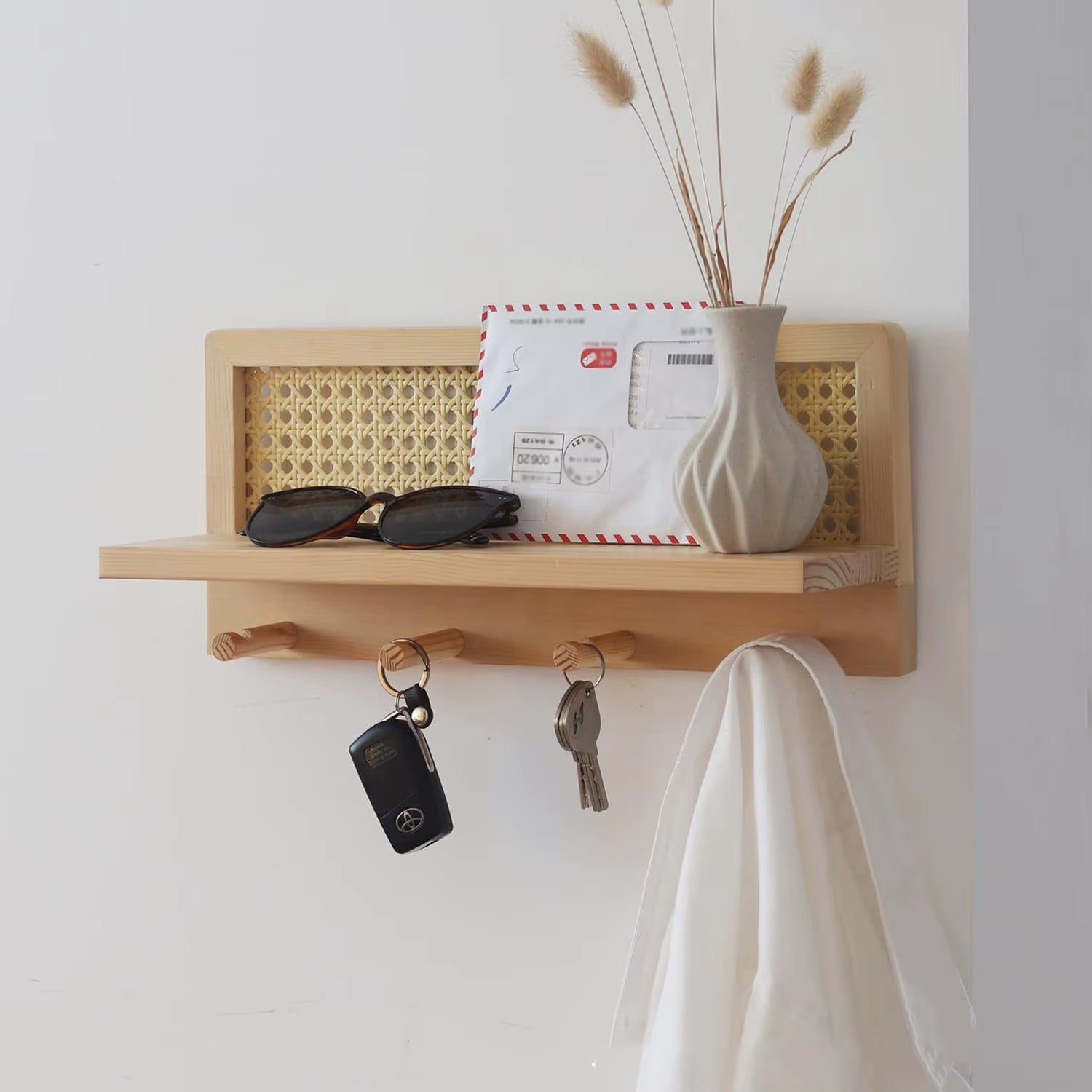 Solid Wood & Rattan Floating Wall Shelves - Ideal for Dorm. Use as Key Hook, Bookshelf, Newspaper & Magazine Storage.