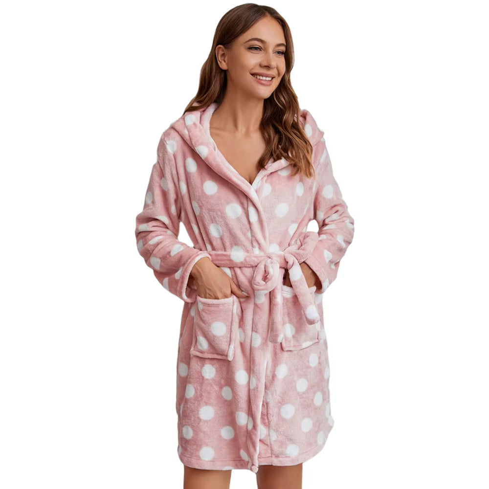 Winter Women Plush Hooded Bathrobe Coral Plush Robe Soft Warm Flannel Fleece Spa Bathrobe Polka Dot Fluffy Ladies Sleepwear