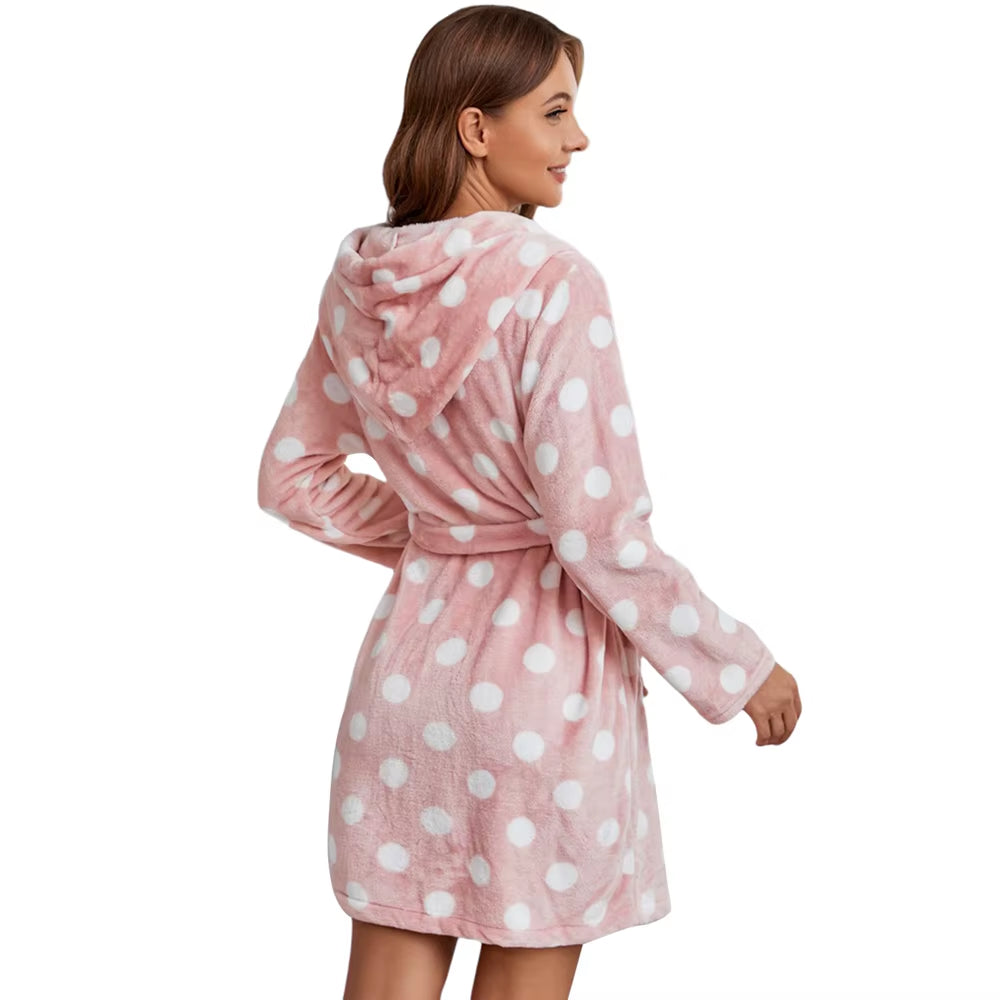 Winter Women Plush Hooded Bathrobe Coral Plush Robe Soft Warm Flannel Fleece Spa Bathrobe Polka Dot Fluffy Ladies Sleepwear