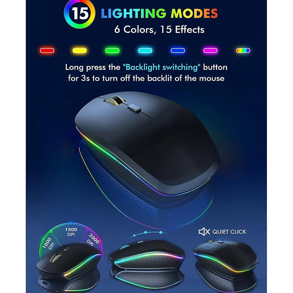 Wireless Keyboard and Mouse Combo RGB Backlit, Rechargeable Light up Letters, Full-Size, Ergonomic, Sleep Mode, 2.4Ghz