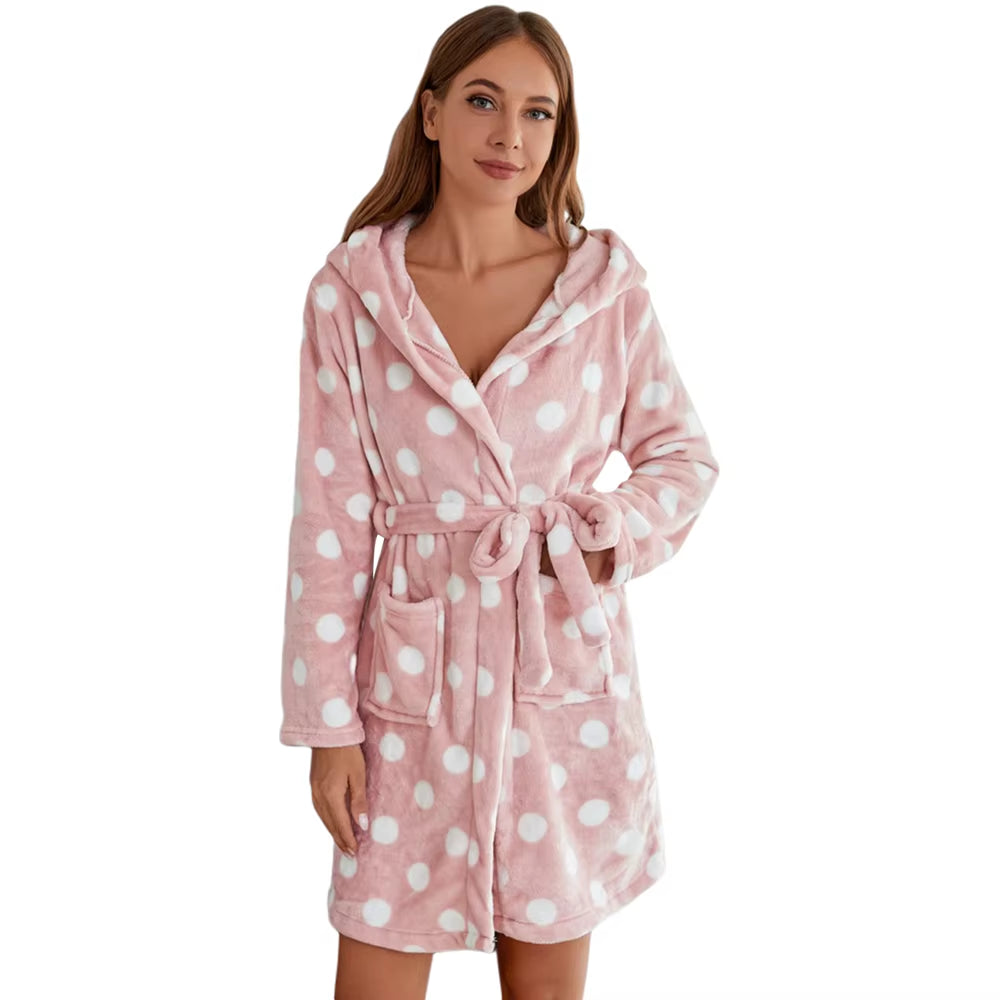 Winter Women Plush Hooded Bathrobe Coral Plush Robe Soft Warm Flannel Fleece Spa Bathrobe Polka Dot Fluffy Ladies Sleepwear