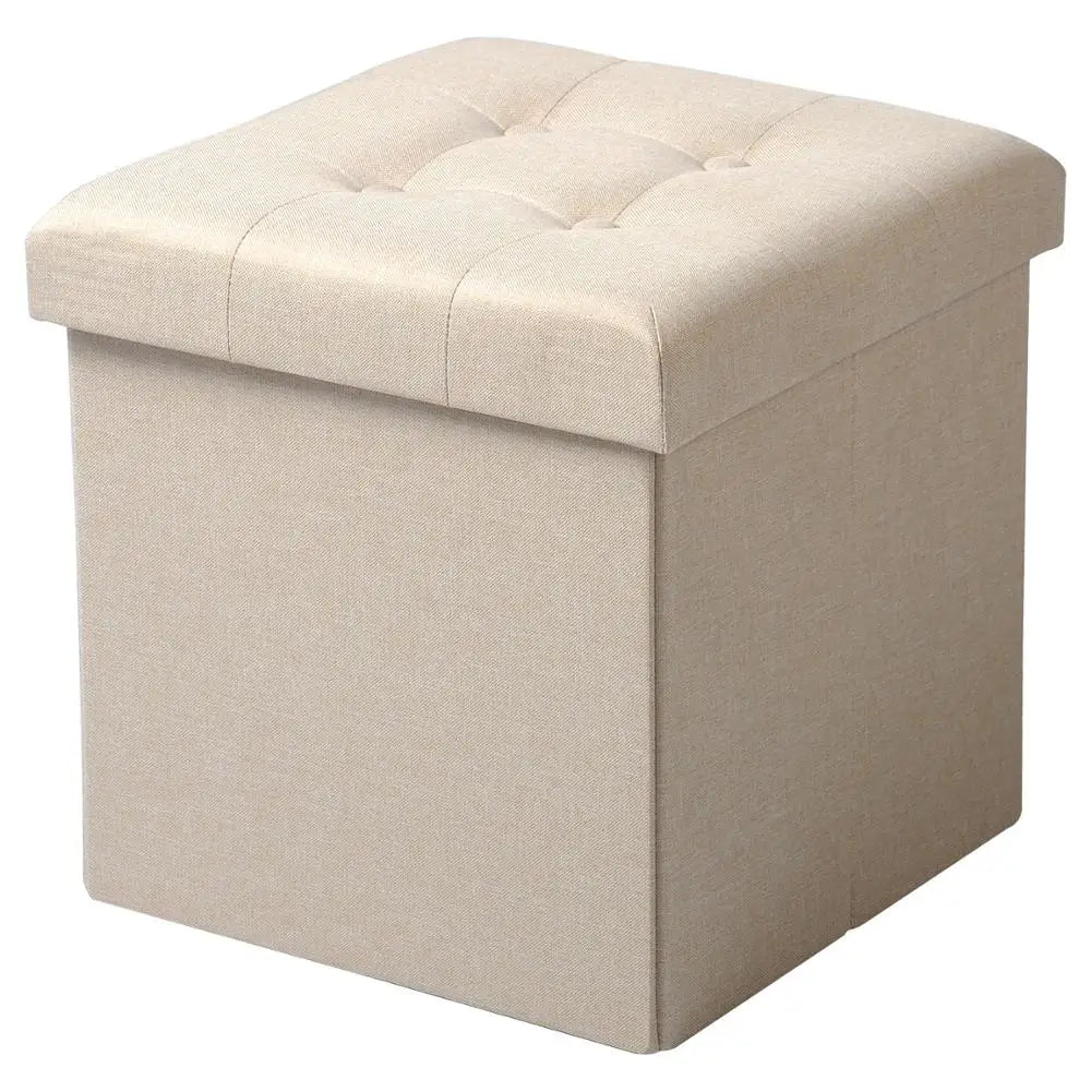 1PC Foldable Storage Ottoman Chair Stool Grey Upholstered Footstool Linen Dressing Table Stool Pouf Couch Stool Removable Cover