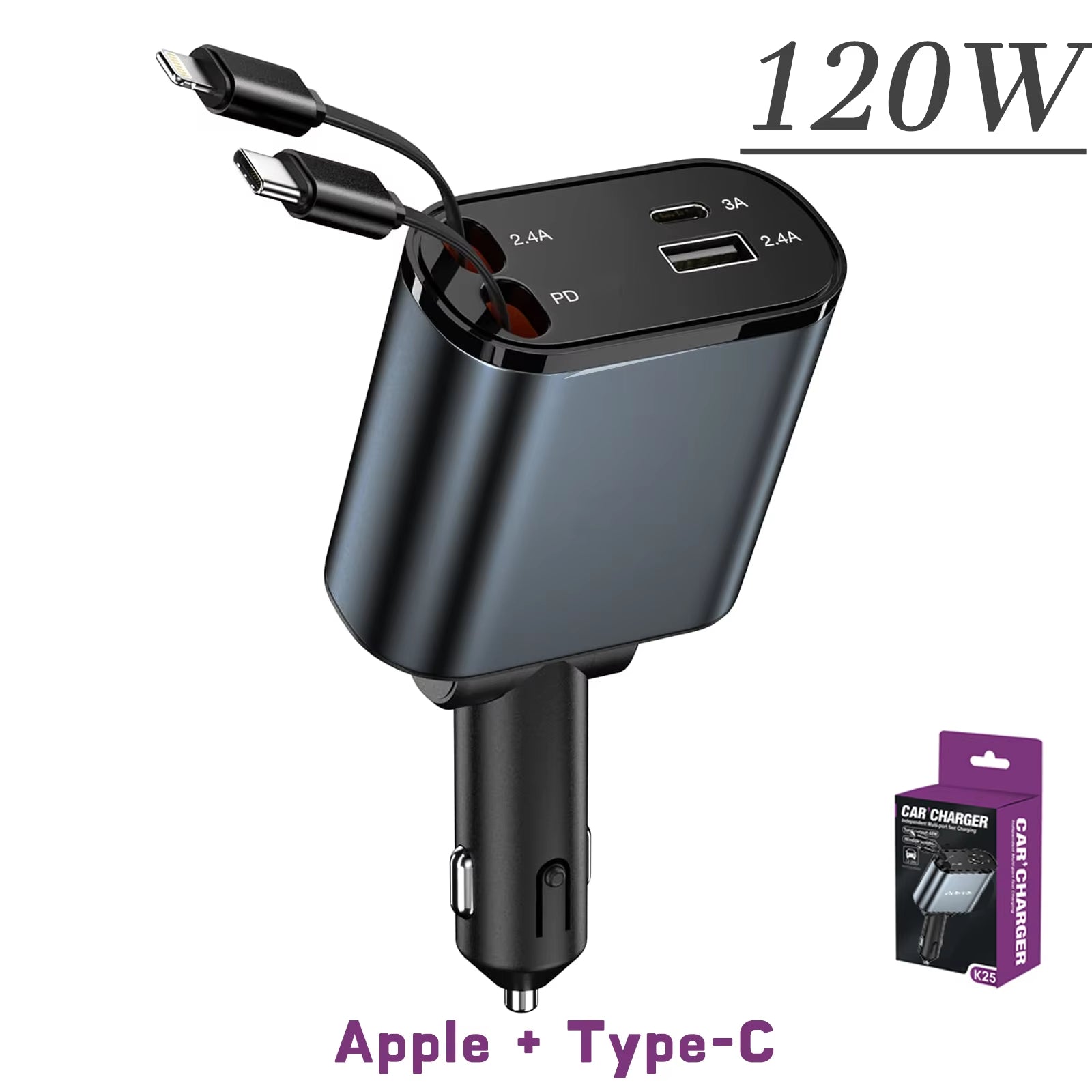 120/66W 4 in 1 Retractable Car Charger Mobile Phone USB PD Type C Cable for Iphone Fast Charge Cord Cigarette Lighter QC Adapter