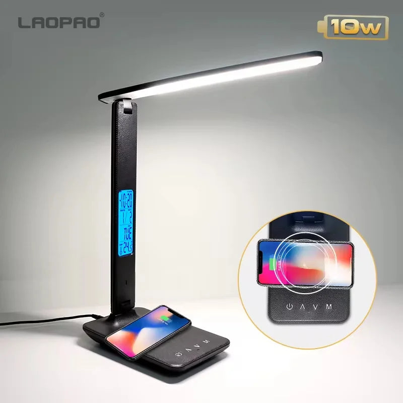 LAOPAO 10W QI Wireless Charging LED Desk Lamp USB Charging Port Sliding Dimmable Auto Timer with Night Light Table Lamp