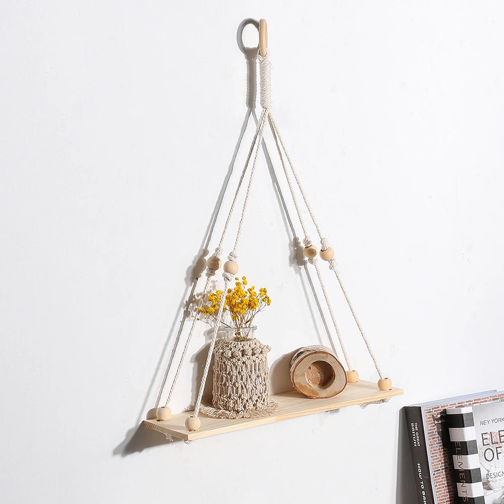 Macrame Wall Hanging Shelf Tassel Wood Decor Woven Wall Hanging Board Shelves for Home Decor Bedroom Living Room Cake Stand