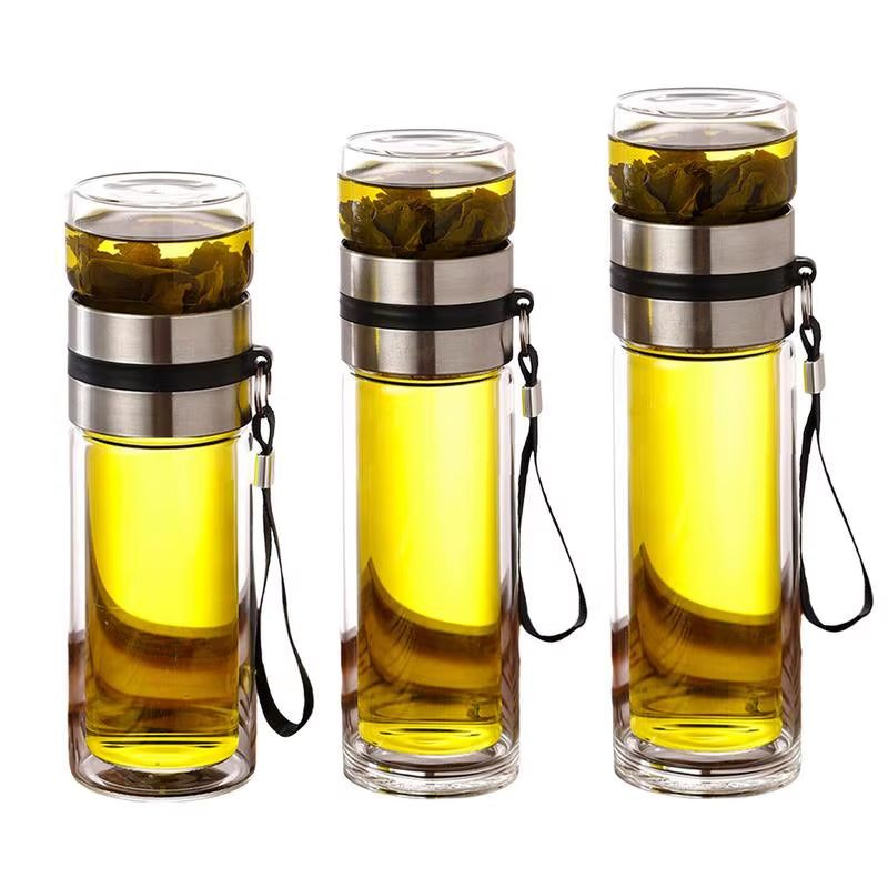 Glass Tea Infuser Bottle Leak-Proof Travel Mug Double Wall Tea Cup Portable Infuser Water Bottle Water Separation Tea Bottle