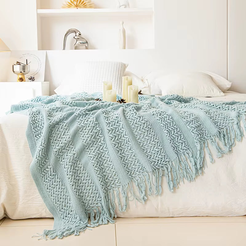 Knitted Throw Blanket with Tassels for Couch Decorative Boho Vintage Cozy Gift Blanket Khaki Luxury Soft Throw Bedspread Blanket