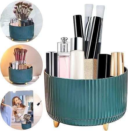360° Rotating Makeup Organizer – Small | Compact Cosmetic &amp; Brush Holder for Vanity, Bathroom &amp; Desk (Green, 5 × 5.5 Inches)