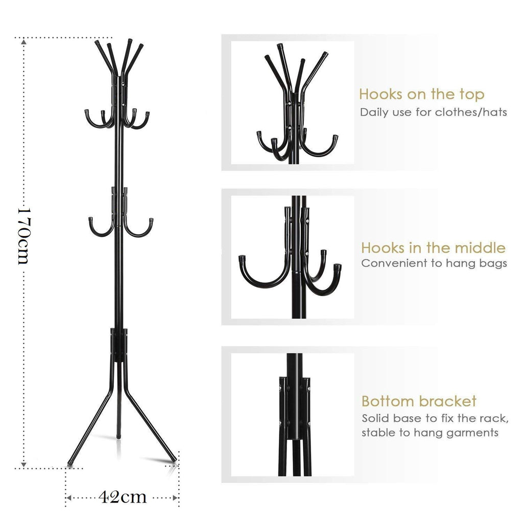 8-Hook Metal Coat & Garment Stand | Floor Standing Clothes Rack for Coats, Bags, Scarves & Umbrellas | Space Saving Coat Hanger Stand – Black (170 cm)