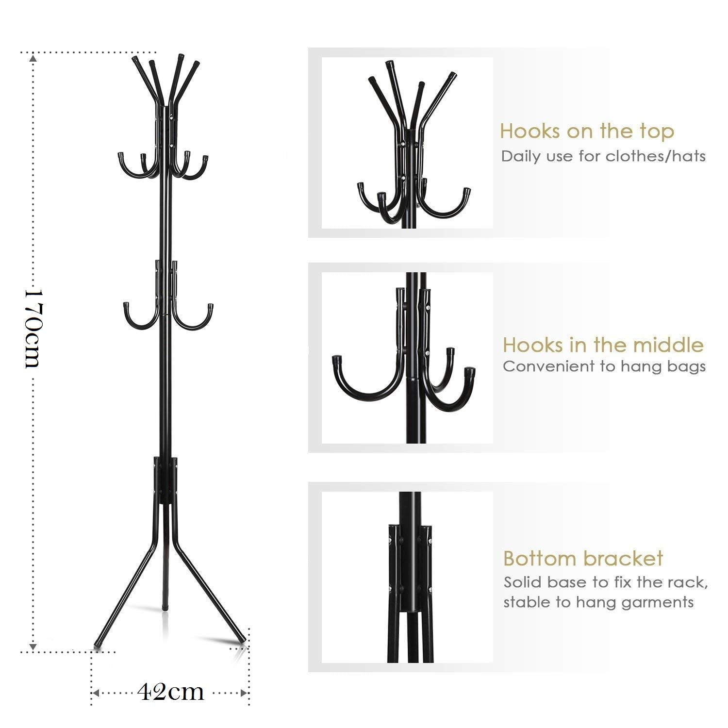 8-Hook Metal Coat & Garment Stand | Floor Standing Clothes Rack for Coats, Bags, Scarves & Umbrellas | Space Saving Coat Hanger Stand – Black (170 cm)