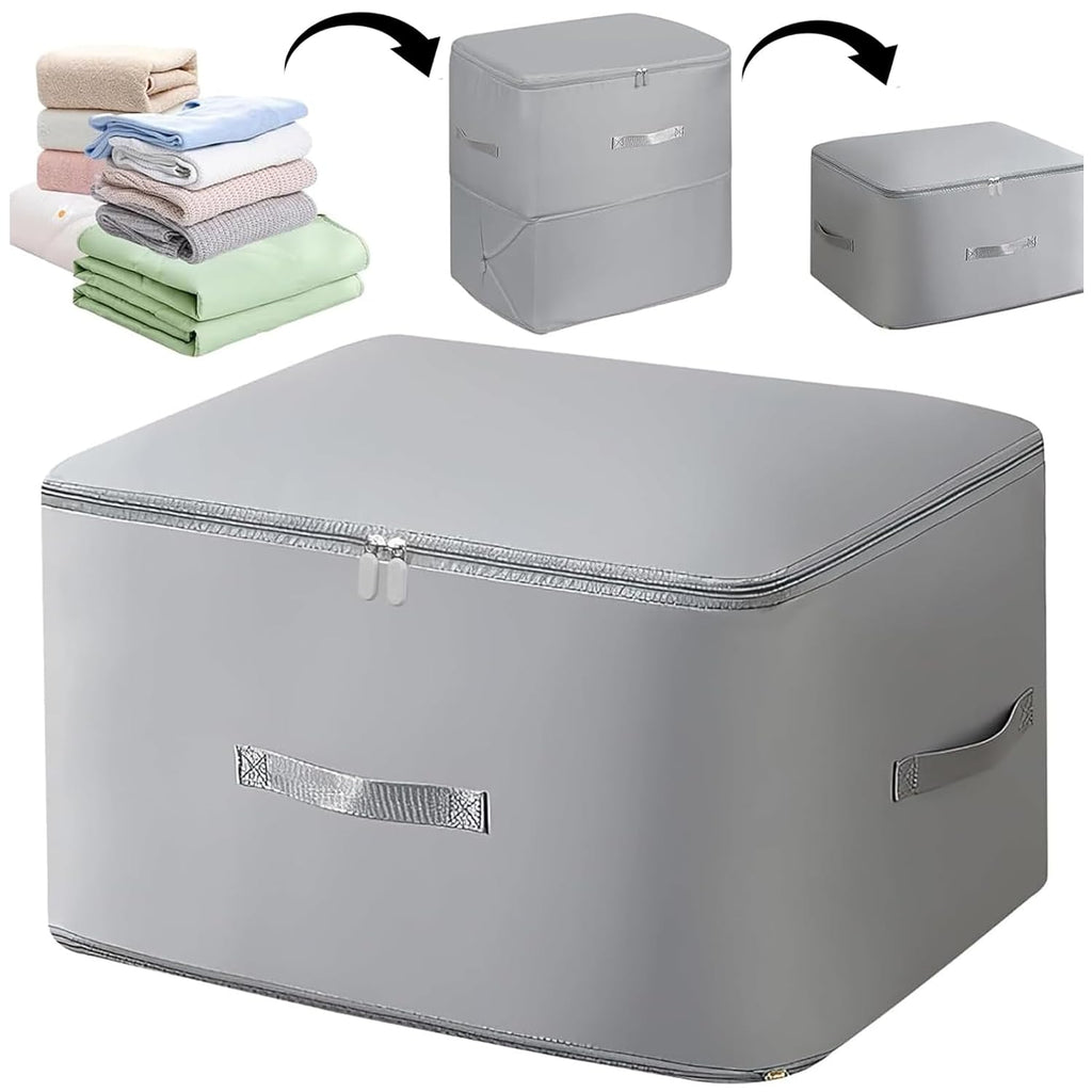 Space Saving Self-Compression Organizer Bag for Clothes, Sarees & Quilts | Extra Large Expandable Storage Bag with Handles & Zipper | Waterproof, Foldable Wardrobe Storage (Grey, 52×42×55 cm)