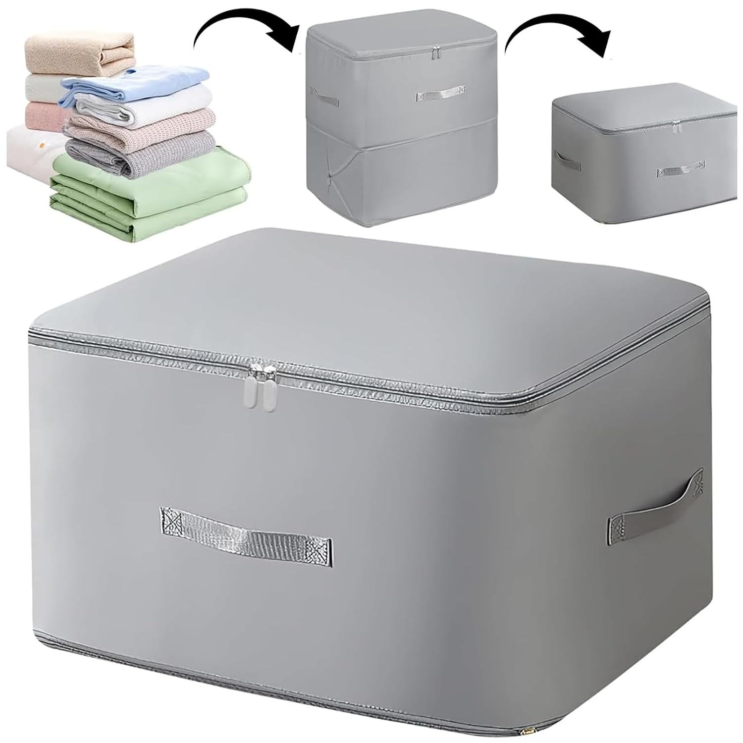 Space Saving Self-Compression Organizer Bag for Clothes, Sarees & Quilts | Extra Large Expandable Storage Bag with Handles & Zipper | Waterproof, Foldable Wardrobe Storage (Grey, 52×42×55 cm)