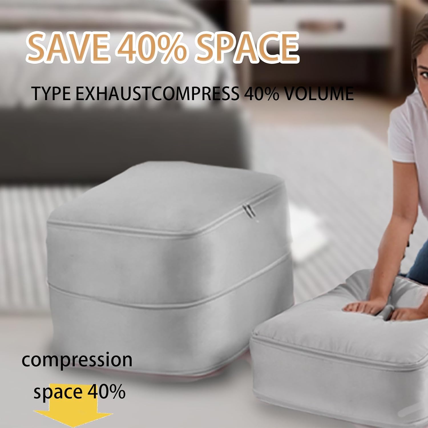 Space Saving Self-Compression Organizer Bag for Clothes, Sarees & Quilts | Extra Large Expandable Storage Bag with Handles & Zipper | Waterproof, Foldable Wardrobe Storage (Grey, 52×42×55 cm)