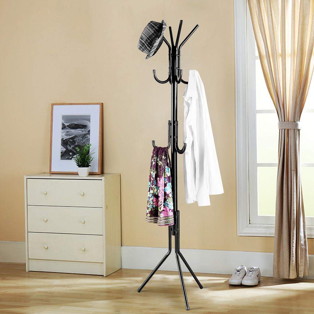 8-Hook Metal Coat & Garment Stand | Floor Standing Clothes Rack for Coats, Bags, Scarves & Umbrellas | Space Saving Coat Hanger Stand – Black (170 cm)