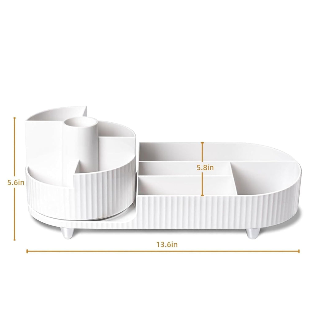 360° Rotating Makeup Organizer | Large Capacity Cosmetic &amp; Skincare Storage Stand for Vanity, Bathroom & Dressing Table (Beige / White, 13.6 × 5.8 Inches)