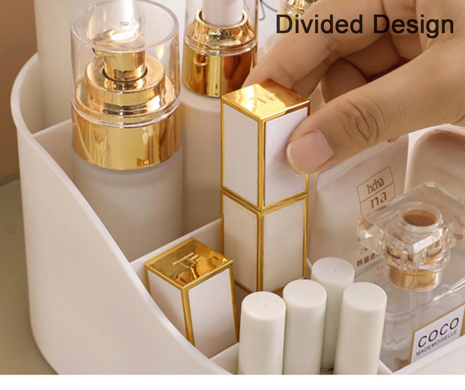 360° Rotating Makeup Organizer | Large Capacity Cosmetic &amp; Skincare Storage Stand for Vanity, Bathroom & Dressing Table (Beige / White, 13.6 × 5.8 Inches)