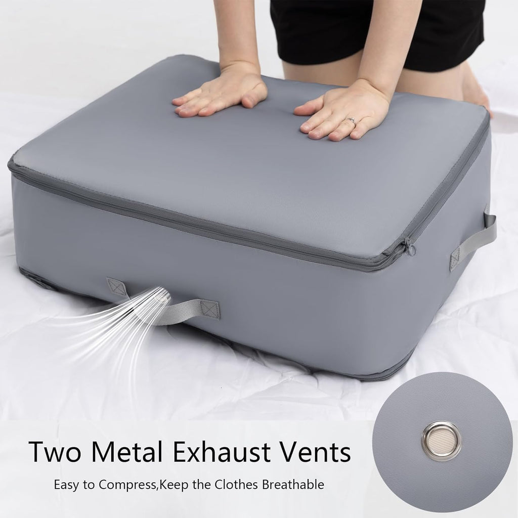 Space Saving Self-Compression Organizer Bag for Clothes, Sarees & Quilts | Extra Large Expandable Storage Bag with Handles & Zipper | Waterproof, Foldable Wardrobe Storage (Grey, 52×42×55 cm)