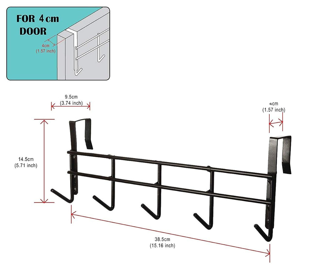 Over The Door Hook Hanger with 5 Hooks | Metal Door Hanging Organizer Rack for Clothes, Bags, Towels &amp; Accessories | No Drilling Required | Fits Doors up to 4 cm Thickness (Black, 39 cm)