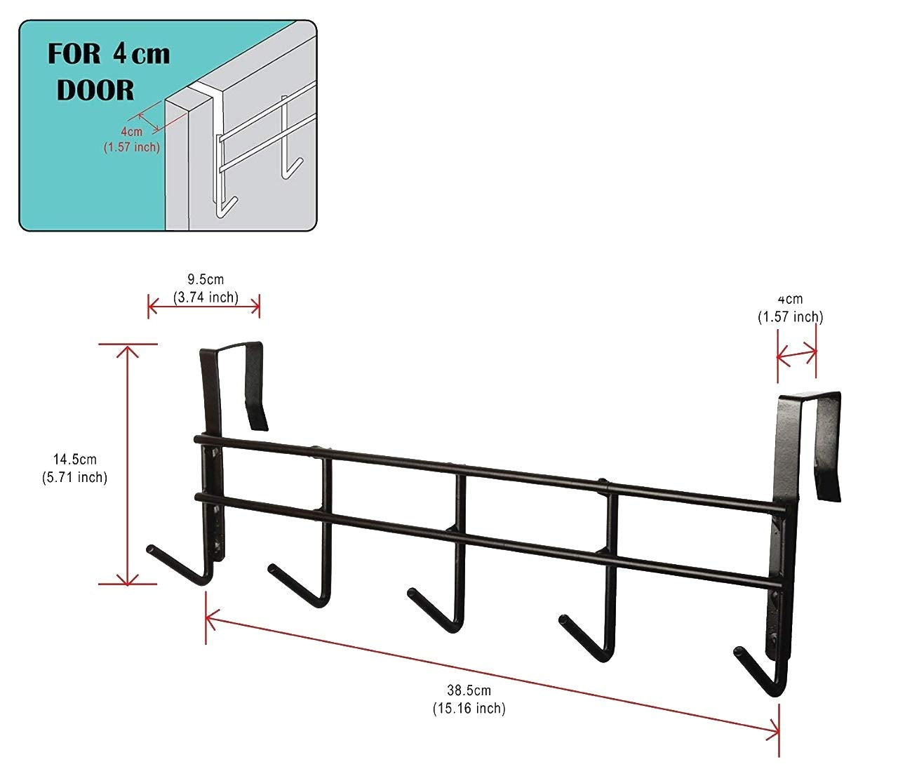 Over The Door Hook Hanger with 5 Hooks | Metal Door Hanging Organizer Rack for Clothes, Bags, Towels &amp; Accessories | No Drilling Required | Fits Doors up to 4 cm Thickness (Black, 39 cm)