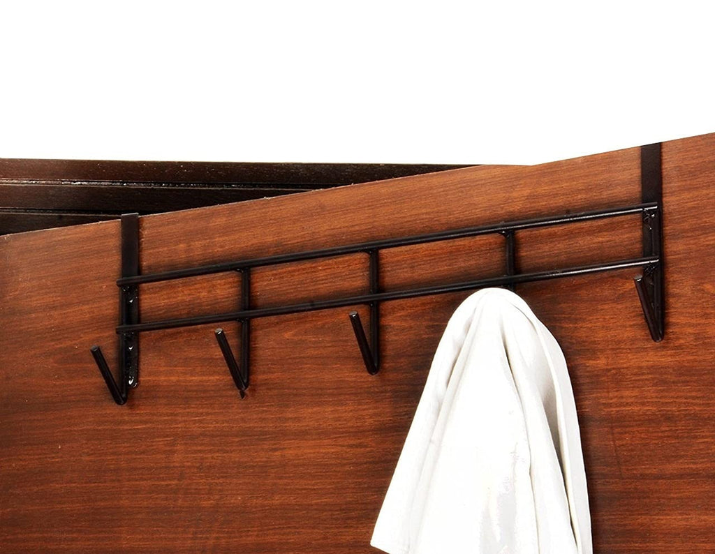 Over The Door Hook Hanger with 5 Hooks | Metal Door Hanging Organizer Rack for Clothes, Bags, Towels &amp; Accessories | No Drilling Required | Fits Doors up to 4 cm Thickness (Black, 39 cm)