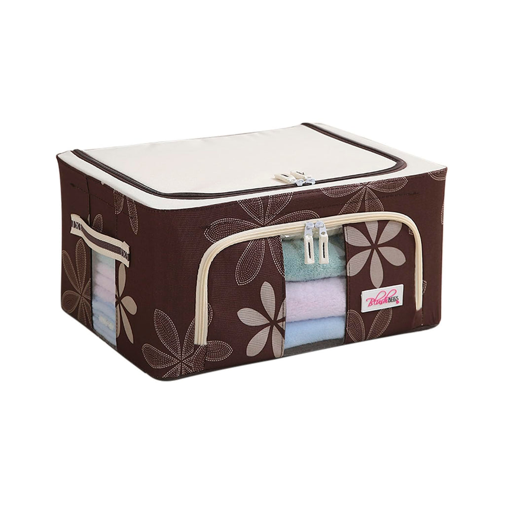 Foldable Living Storage Box for Clothes & Sarees | Oxford Fabric Wardrobe Organizer with Metal Frame & Zipper | 24L / 66L