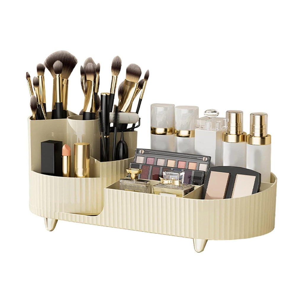 360° Rotating Makeup Organizer | Large Capacity Cosmetic &amp; Skincare Storage Stand for Vanity, Bathroom & Dressing Table (Beige / White, 13.6 × 5.8 Inches)