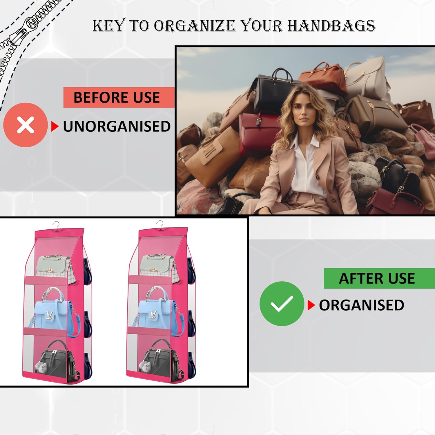 Purse Hanging Organizer for Wardrobe | Holds 6 Handbags | Space Saving Closet Organizer