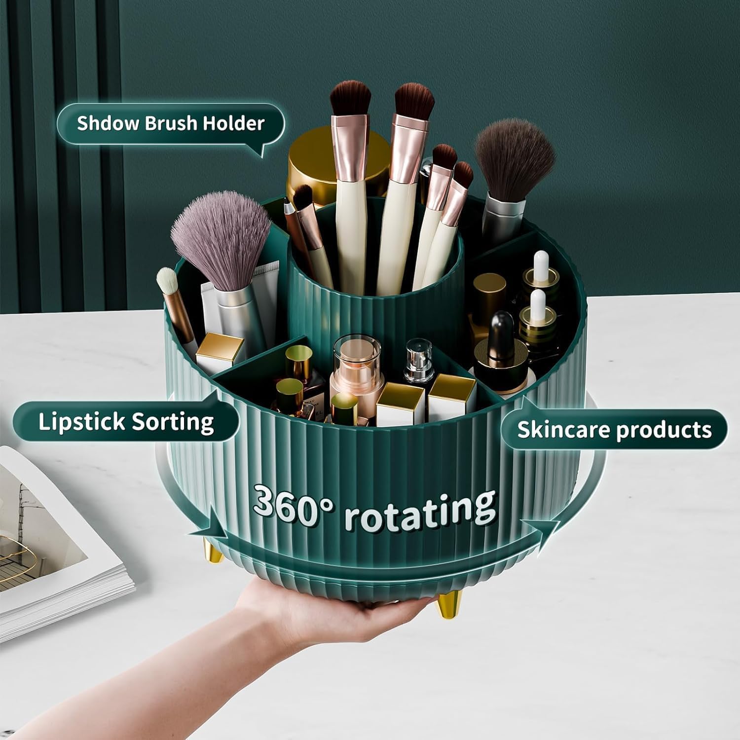 360° Rotating Makeup Organizer – Small | Compact Cosmetic &amp; Brush Holder for Vanity, Bathroom &amp; Desk (Green, 5 × 5.5 Inches)