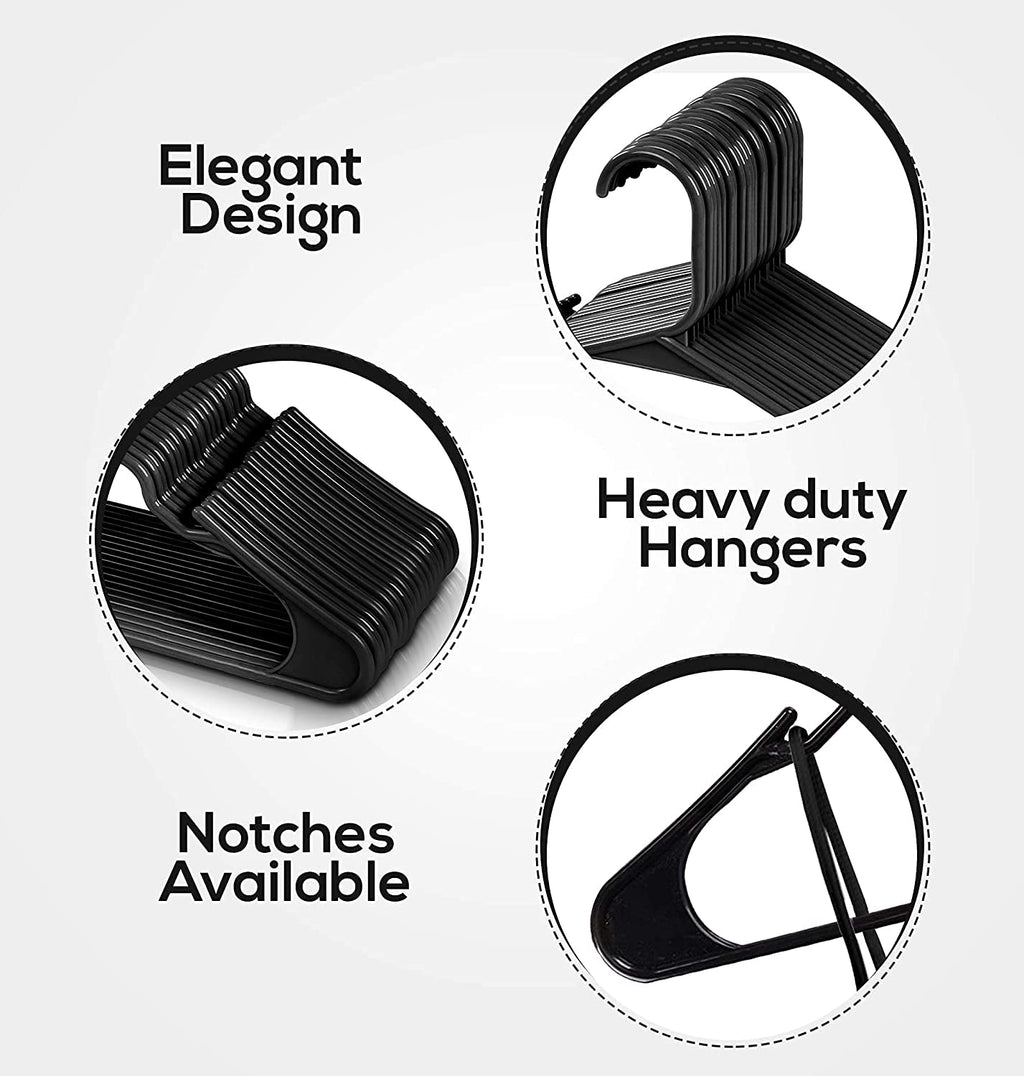 Space Saving Plastic Clothes Hangers for Wardrobe & Almirah | Slim & Sturdy Hanger Set for Saree, Shirt, Dress & Pants | Black (Set of 6 / 10 / 18 / 24 / 36 / 48)