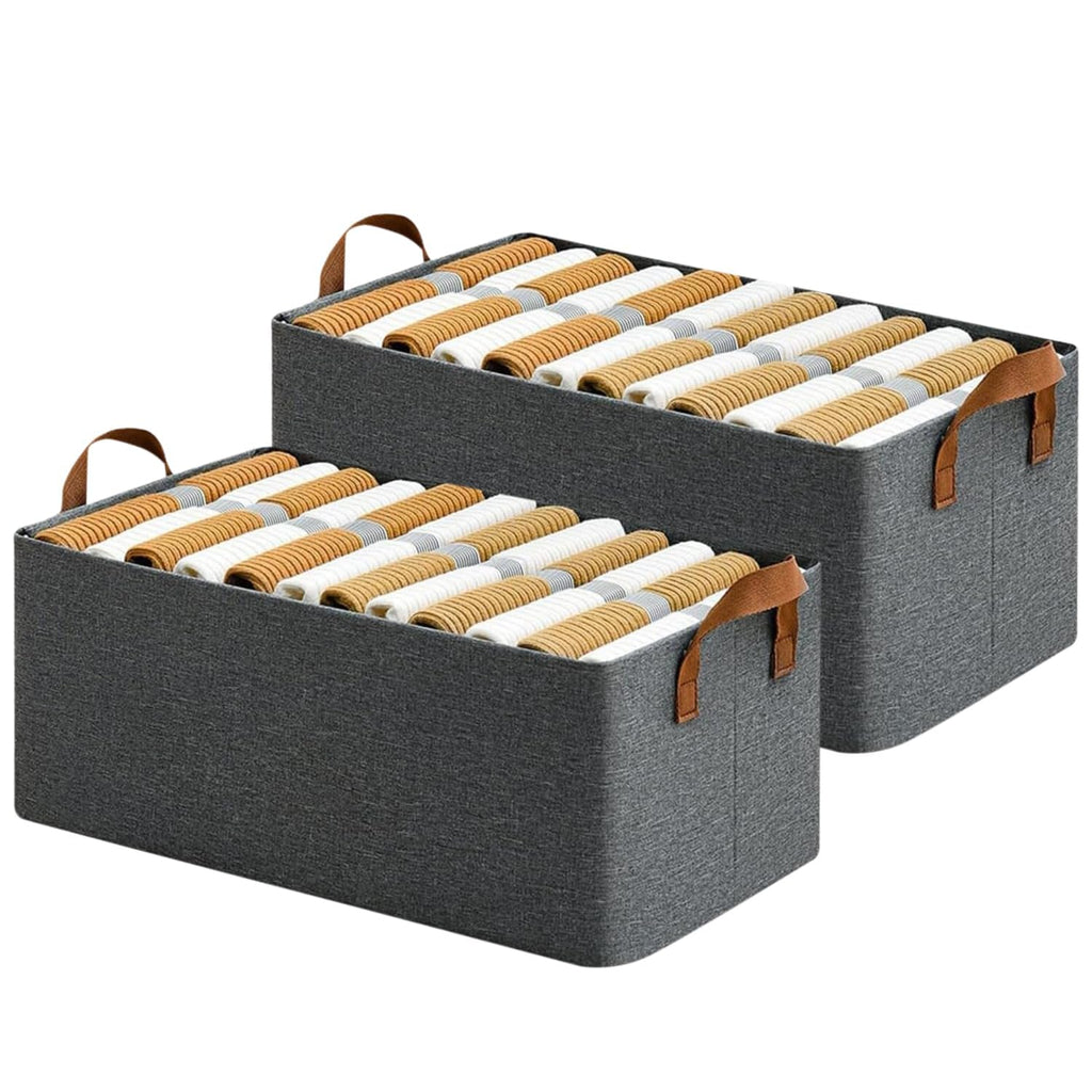 Foldable Open Storage Box with Metal Frame &amp; Handles | Fabric Wardrobe Organizer for Clothes &amp; Shelves | Grey (18 × 11 × 7 Inch)