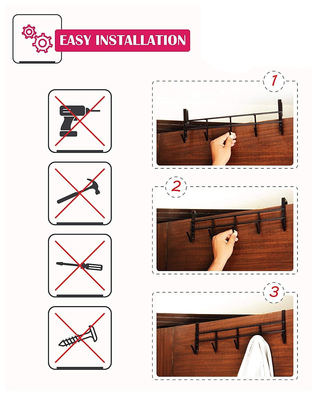 Over The Door Hook Hanger with 5 Hooks | Metal Door Hanging Organizer Rack for Clothes, Bags, Towels &amp; Accessories | No Drilling Required | Fits Doors up to 4 cm Thickness (Black, 39 cm)