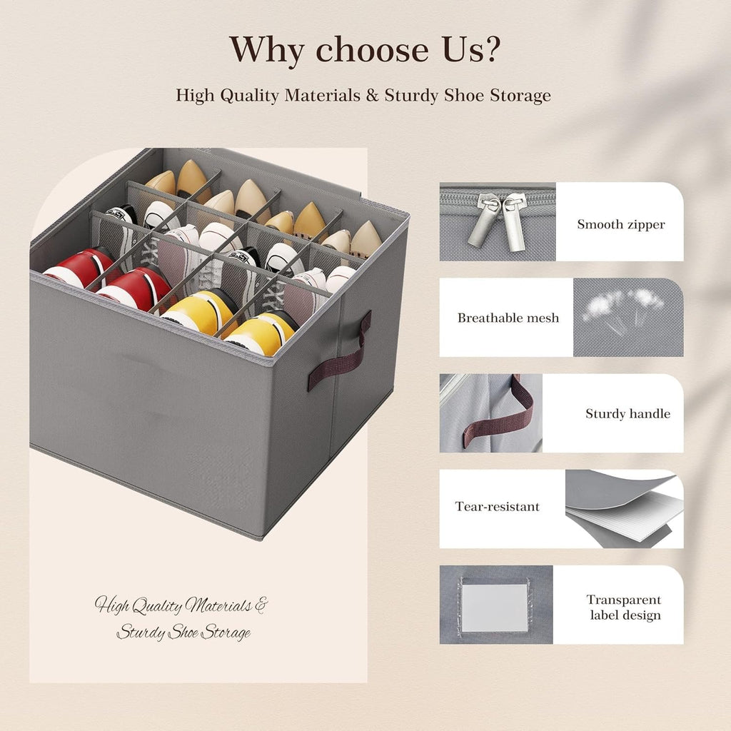 Foldable Shoe Organizer Box for Wardrobe & Closet – 12 Pair Capacity (Grey)