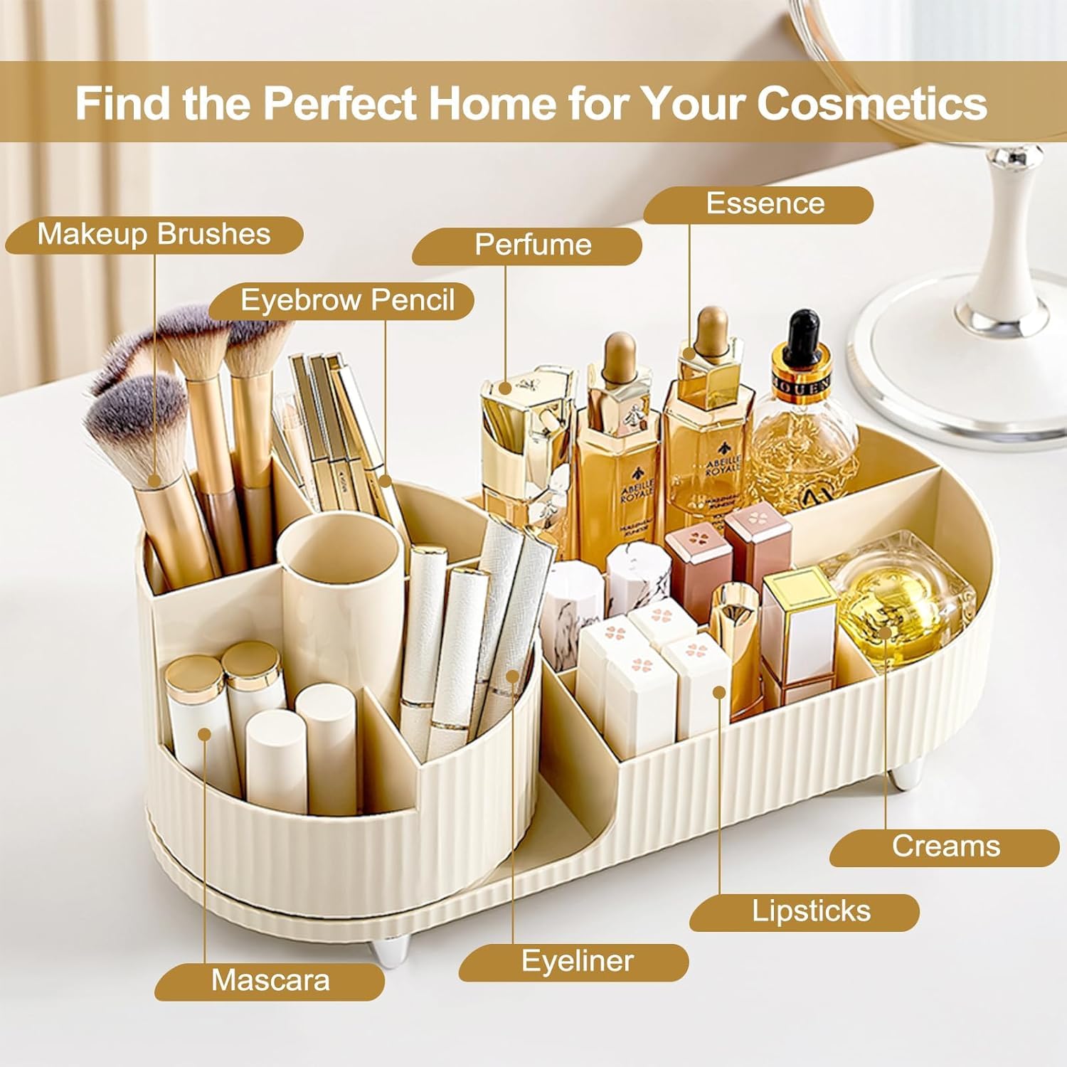 360° Rotating Makeup Organizer | Large Capacity Cosmetic &amp; Skincare Storage Stand for Vanity, Bathroom & Dressing Table (Beige / White, 13.6 × 5.8 Inches)