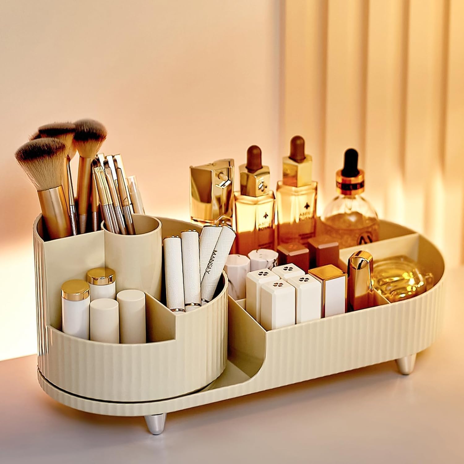 360° Rotating Makeup Organizer | Large Capacity Cosmetic &amp; Skincare Storage Stand for Vanity, Bathroom & Dressing Table (Beige / White, 13.6 × 5.8 Inches)