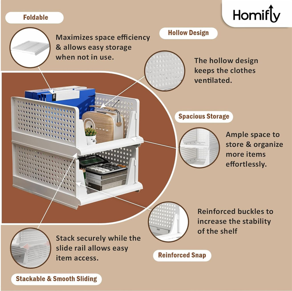 Foldable Wardrobe Closet Organizer Tray – Stackable Storage System (White) - Available in Sets: 2 | 4 | 8 | 10