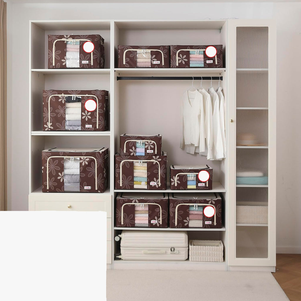 Foldable Living Storage Box for Clothes & Sarees | Oxford Fabric Wardrobe Organizer with Metal Frame & Zipper | 24L / 66L