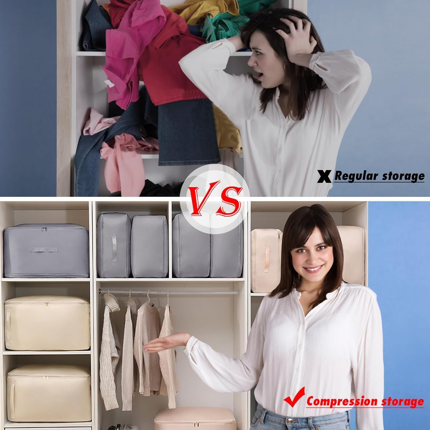 Space Saving Self-Compression Organizer Bag for Clothes, Sarees & Quilts | Extra Large Expandable Storage Bag with Handles & Zipper | Waterproof, Foldable Wardrobe Storage (Grey, 52×42×55 cm)