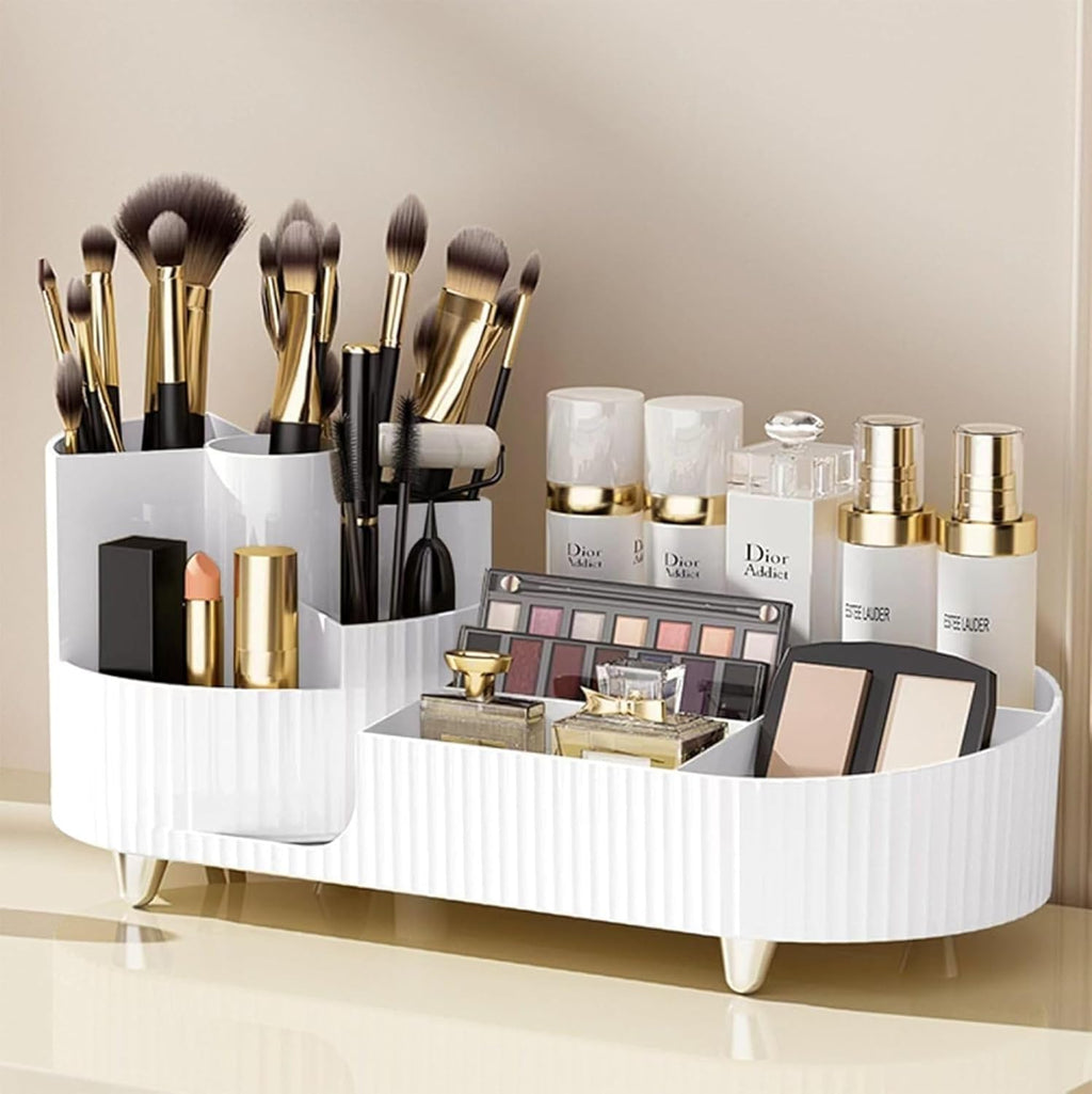 360° Rotating Makeup Organizer | Large Capacity Cosmetic &amp; Skincare Storage Stand for Vanity, Bathroom & Dressing Table (Beige / White, 13.6 × 5.8 Inches)