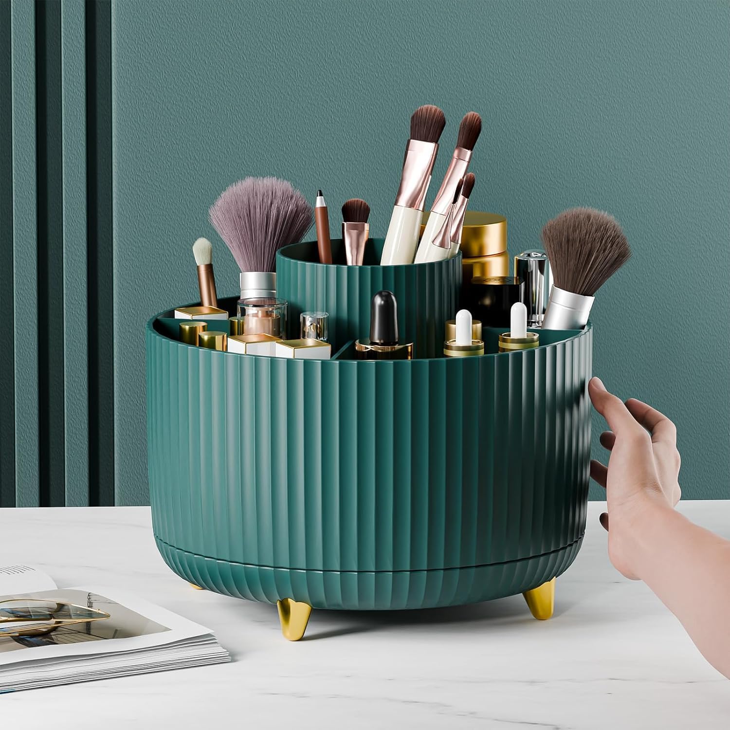 360° Rotating Makeup Organizer – Small | Compact Cosmetic &amp; Brush Holder for Vanity, Bathroom &amp; Desk (Green, 5 × 5.5 Inches)