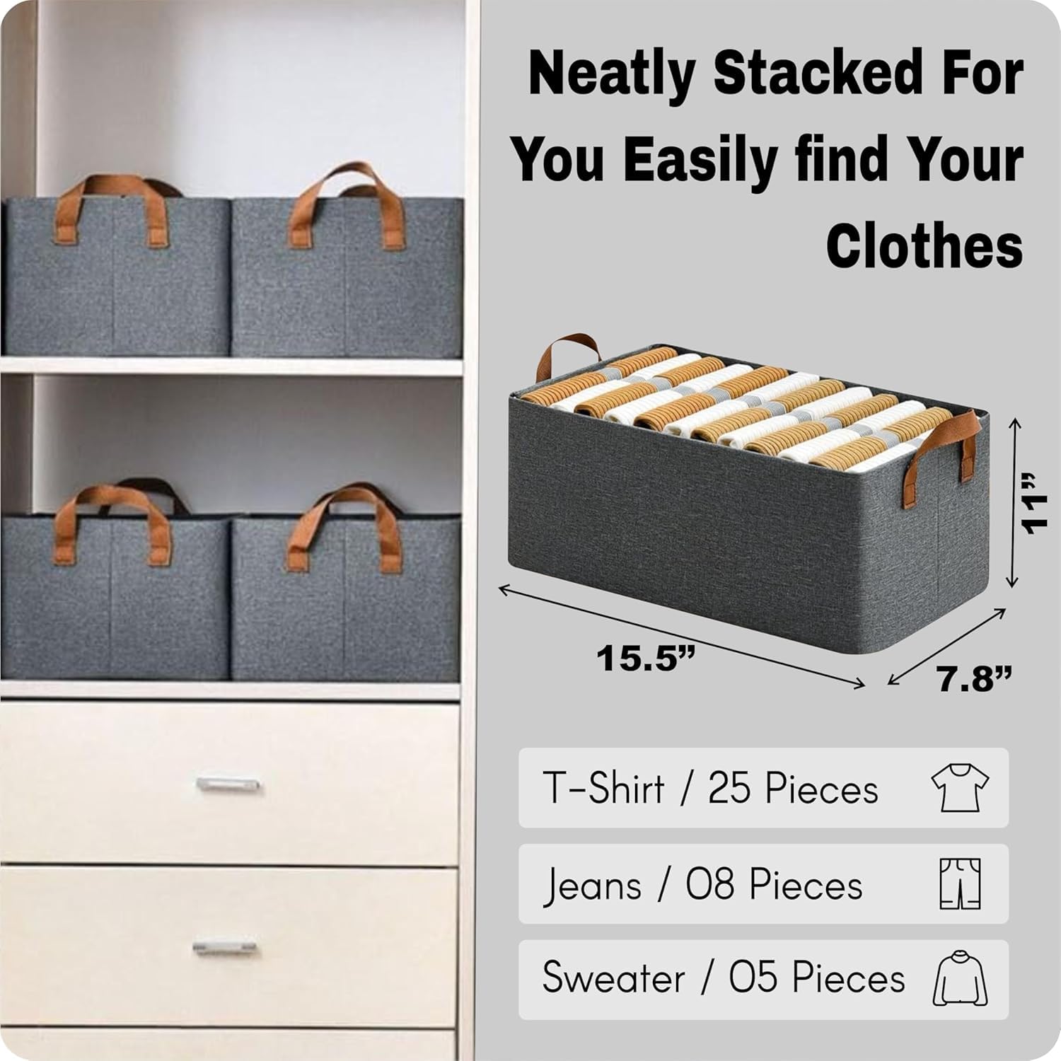 Foldable Open Storage Box with Metal Frame &amp; Handles | Fabric Wardrobe Organizer for Clothes &amp; Shelves | Grey (18 × 11 × 7 Inch)