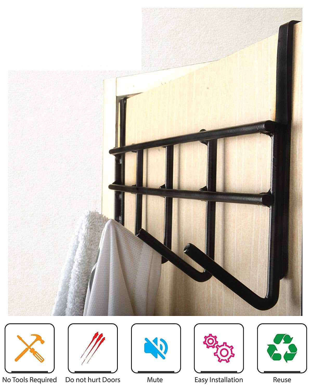 Over The Door Hook Hanger with 5 Hooks | Metal Door Hanging Organizer Rack for Clothes, Bags, Towels &amp; Accessories | No Drilling Required | Fits Doors up to 4 cm Thickness (Black, 39 cm)